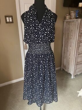 Women’s Navy Polka Dot Smocked-Waist Dress, Size 10